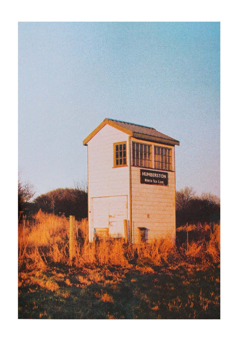 Scanned risograph print of A5 photo: Cleethorpes North Sea Lane station signal box.