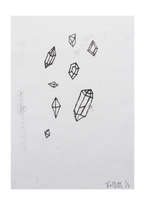A black ink monoprint of a gemstone on a white background, captured in a high-resolution A5 scan.