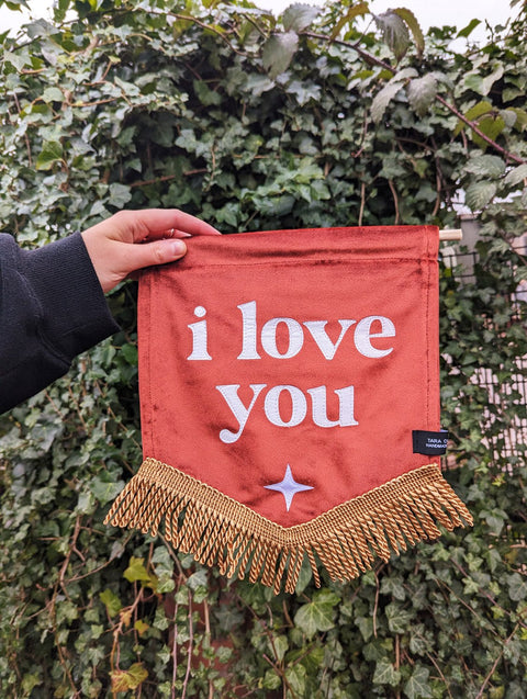 Velvet banner in terracotta with "i love you" text, gold fringing and white star applique, on ivy leaf background.