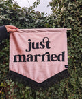 Velvet banner in dusty pink with "just married" text and black fringing.